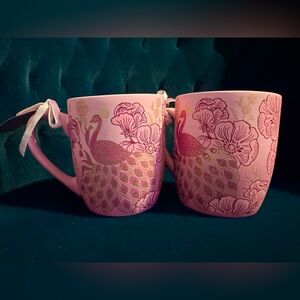 Dwell Studio Season of Fancy pair of Soft Touch Pink Peacock Coffee Mugs NEW